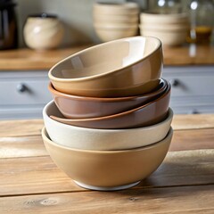Stack of four ceramic bowls in earth tones on wooden table Brown beige and cream colors