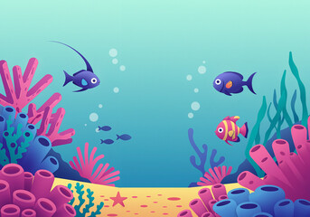 Fototapeta premium Colorful underwater scene with fish swimming among coral reefs 