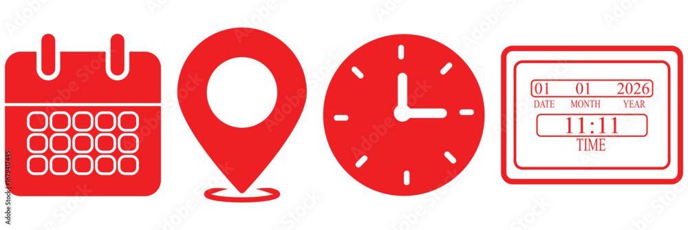 Poster set of four black icons representing location time calendar and bell isolated. address. time, and da
