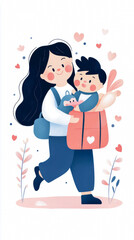 Sweet animated portrait of joyful mother holding her little one close, with stuffed duck in baby carrier and bunny toy in bag, amidst floating hearts and delicate foliage