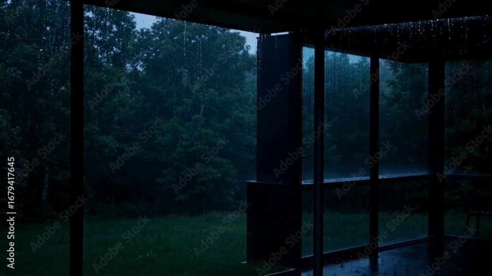 Poster a dark room with a window that is open and rain falling outside