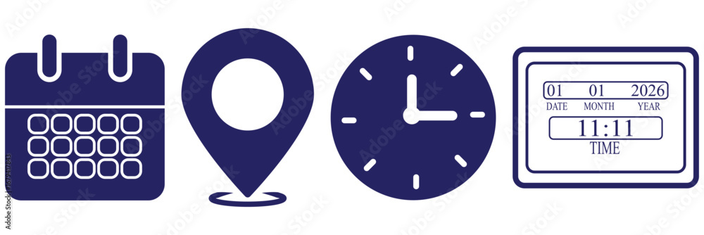 Poster set of four black icons representing location time calendar and bell isolated. address. time, and da
