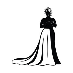 Black silhouette of a woman in a flowing white gown with a train female dress
