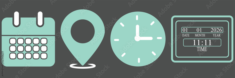 Poster set of four black icons representing location time calendar and bell isolated. address. time, and da