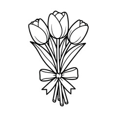 Black and white line drawing of a bouquet of three tulips tied with a bow flower floral