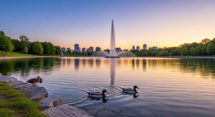 Ducks on Water with Fountain & Skyline at Dusk Serene Colorful Landscape