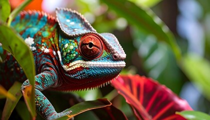 Vibrant chameleon amidst lush foliage