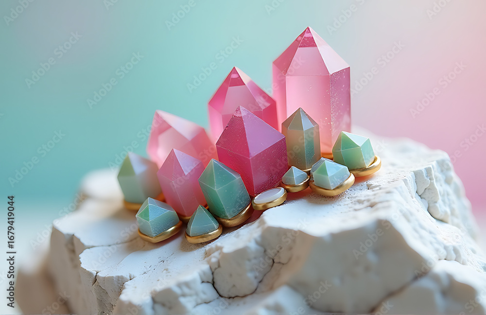 Poster intricately embedded pink green crystals nestled within rugged white rock set soft gradient backgrou