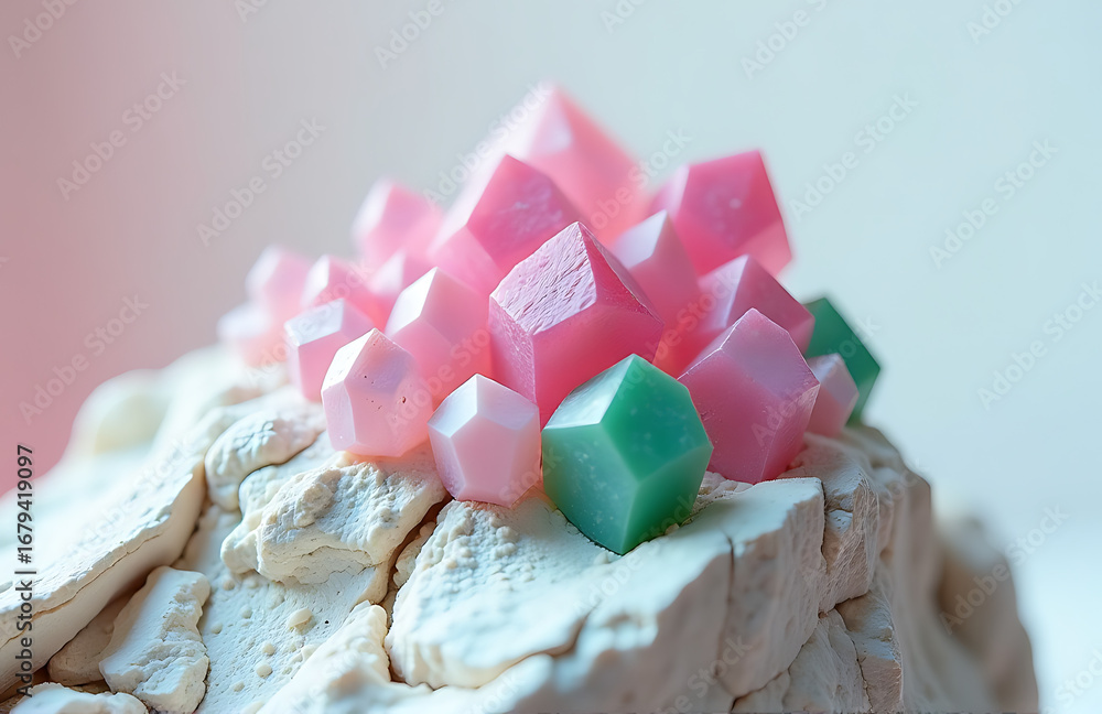 Poster intricately embedded pink green crystals nestled within rugged white rock set soft gradient backgrou