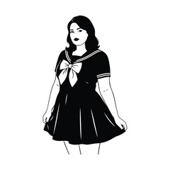 Black and white illustration of a woman in a sailor dress holding her skirt vector