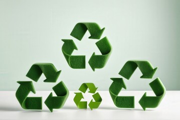 Obraz premium recycling symbols, three fluffy with green decor pieces, promoting recycling, eco-consciousness, and environmental protection.