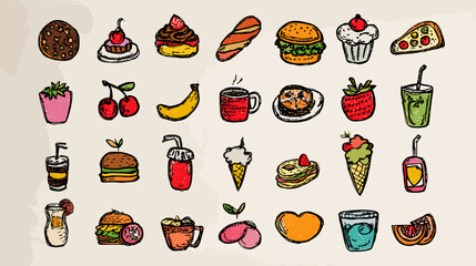 Illustration of various cartoon food items on a beige background.