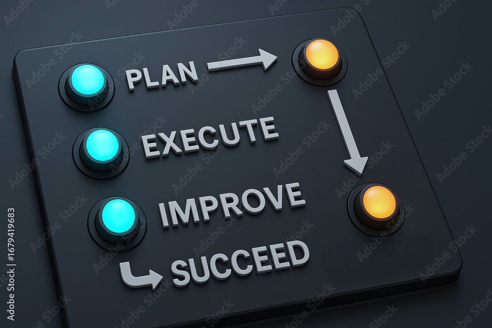 Poster plan execute improve succeed concept with illuminated control buttons and arrows on dark panel conve