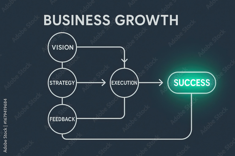 Poster business growth vision strategy feedback execution success glowing process flowchart with dark backg