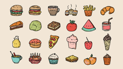 Illustration of various cartoon food items on a beige background.