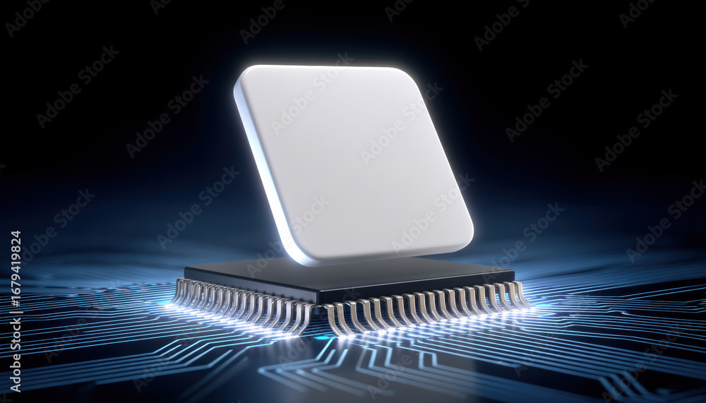 Aufkleber microchip with glowing circuit board and floating white square chip symbolizing advanced technology 
