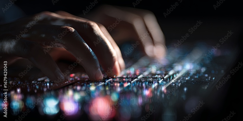 Poster close-up of hands typing on a keyboard with abstract digital effects and glowing lights in a dark en