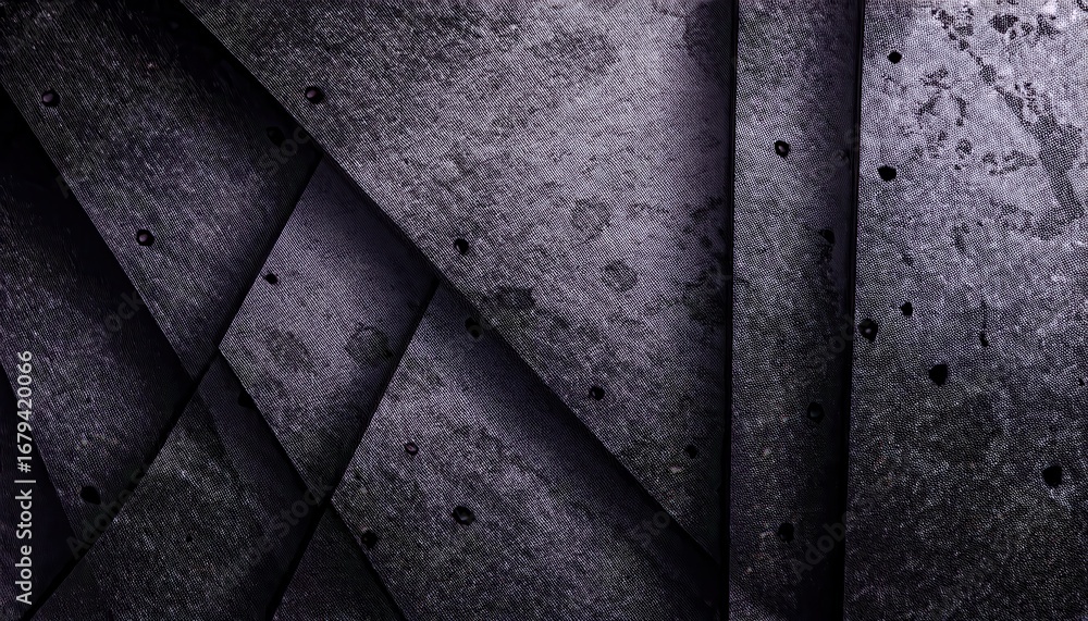 Poster dark grunge metallic surface with diagonal layered panels and scattered black stains for abstract ba