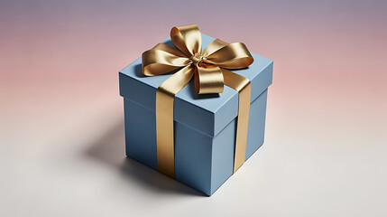 Blue gift box with shiny golden ribbon and bow, square shape, isolated on white 
