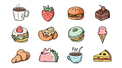 Illustration of various cartoon food items on a beige background.