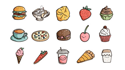 Illustration of various cartoon food items on a beige background.