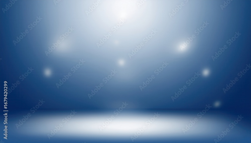 Poster soft glowing blue spotlight on empty studio floor with illuminated gradient background ideal for stage design or product display