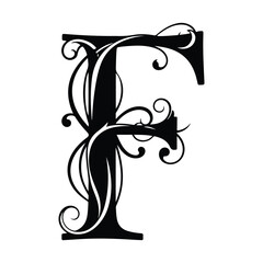Black ornate letter F with floral swirls and filigree alphabet typography