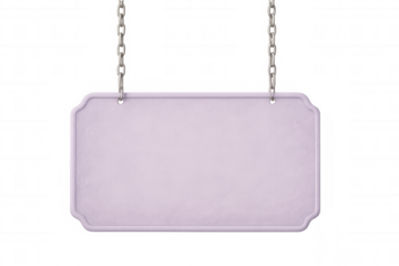 Pastel purple blank sign suspended from metal chains, providing versatile mockup space for personalized messaging against transparent backdrop