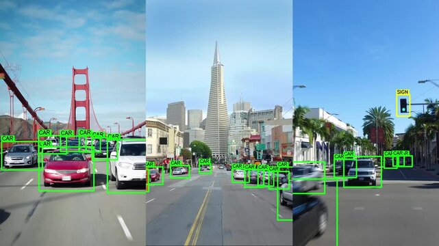 Autonomous Cars Detected By AI Recognition Systems On City Streets, With Boxes Highlighting Vehicles And Signs, Demonstrating Machine Learning, Computer Vision And Smart Transport.