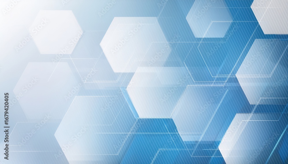 Poster futuristic blue and white hexagon geometric pattern with transparent layered shapes for modern techn