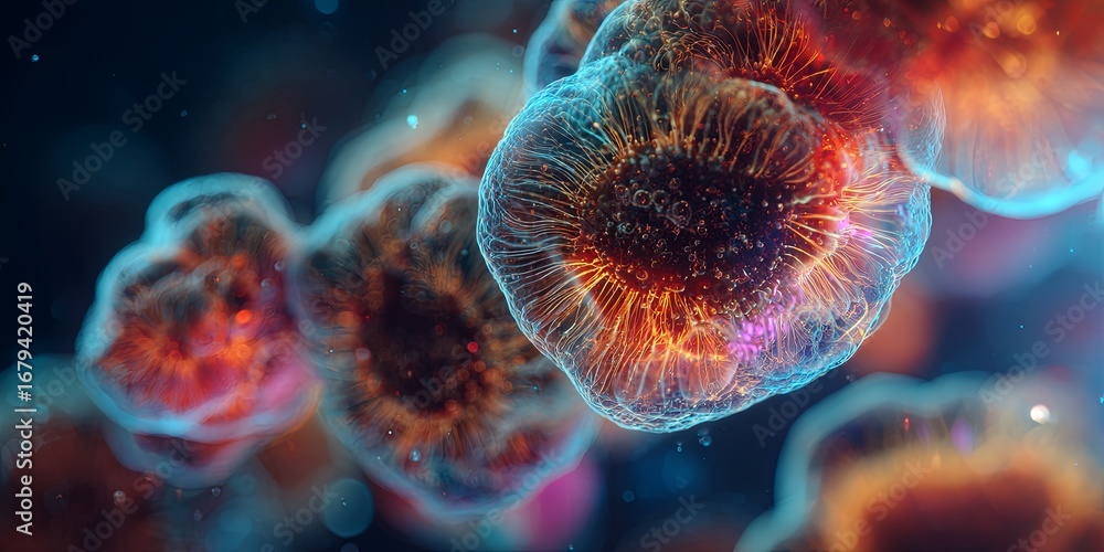 Poster intricate close-up of colorful microbial cells with a stunning abstract background and neon highligh