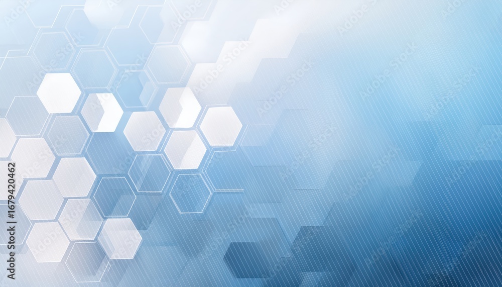 Poster futuristic blue and white hexagon geometric pattern with transparent layered shapes for modern techn