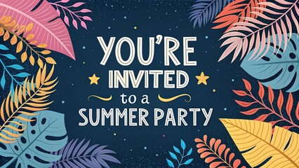 You're invited to a summer party with tropical leaves and stars for a fun celebration design