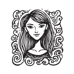 Beautiful Woman Doodle Black and White Illustration Fashion Girl Portrait Line Art Sketch Vector