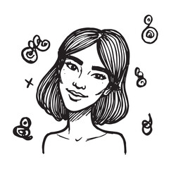 Beautiful Woman Doodle Black and White Illustration Fashion Girl Portrait Line Art Sketch Vector