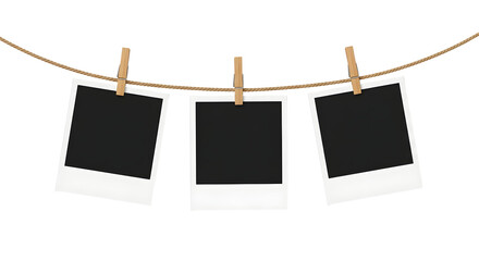 Three blank instant photos hanging on a string by clothespins, isolated on a white background, perfect for adding custom images