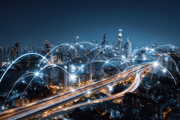 Smart city skyline at night with glowing data lines and futuristic tech overlay