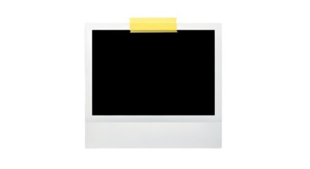 Instant photograph frame with yellow tape, isolated on a white background, perfect for showcasing memories and designs