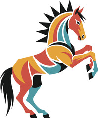 Colorful equine artwork displays a rearing mustang with stylized mane and bright geometric patches