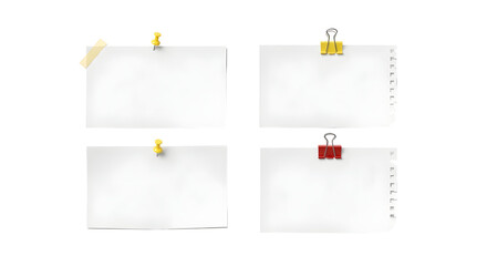 Four blank white notepads, each held by a different fastening clip, isolated on a white background, symbolizing a workspace