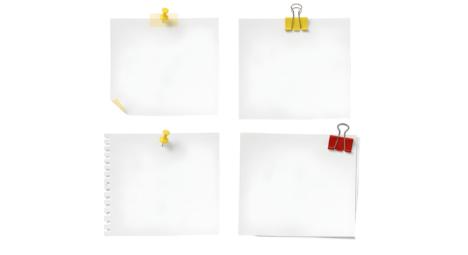 Blank white paper sheets pinned and clipped on a white background, perfect for notes and reminders
