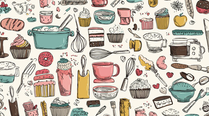 Seamless pattern with hand-drawn baking elements like cupcakes, whisks, and rolling pins on background.
