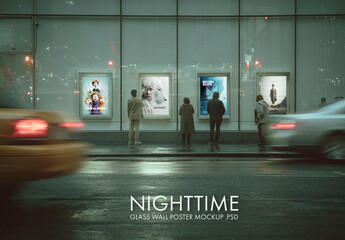 Nighttime glass wall poster mockup