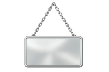 Metallic rectangular signage suspended from chains, presenting clean graphic design mockup against transparent backdrop for branding purposes
