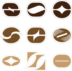 A collection of nine stylized coffee bean designs, each with unique abstract shapes and color variations, arranged in a grid pattern on a white background.