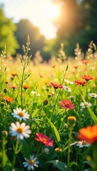 A vibrant summer meadow bursting with wildflowers, bathed in golden sunlight The gentle breeze rustles through tall grasses, creating a tranquil scene of natural beauty , vegetation, sun