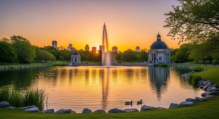 Fototapeta premium Scenic Park Pond at Sunrise with Fountain and City Skyline