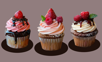 Illustration of three beautiful cupcakes with fruits, brightly decorated with berries and slices of fresh fruits, created in pastel pencil style, delicious and decorative for design.