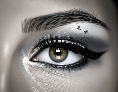 Close-up of a striking eye with dramatic makeup and intricate details.  The grayscale palette and meticulous application enhance the eye's expressiveness.