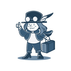 Cartoon Witch Traveler in Steampunk Hat vector Illustration mascot design character retro style